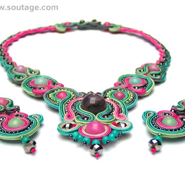 New Guinea Soutache Set Necklace Earrings Green Pink Boho  Jewelry Statement Gift for Woman