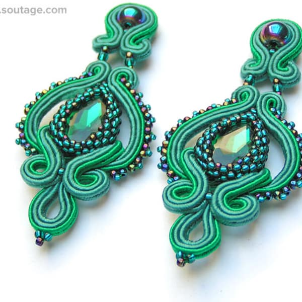 Emerald Lady Soutache earrings Teal earrings Long crystal earrings Statement earrings Soutache jewelry Wedding earrings Gift for woman