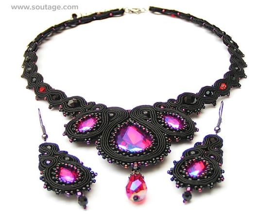 Draculaura Soutache set Soutache necklace Soutache earrings Gothic necklace Gothic earrings Black Pink jewelry Soutache jewelry