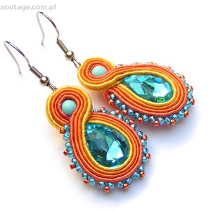 Orange Blue Trifle soutache earrings Small earrings Blue earrings Crystal earrings Gift for woman Wedding earrings Soutache jewelry
