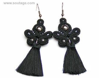 Black Comet Soutache earrings Tassel earrings Black earrings Boho earrings Evening earrings Boho jewelry Gift for woman Soutache jewelry