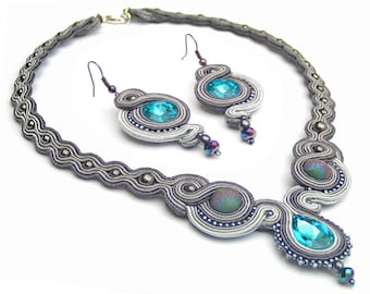 Gris niebla Soutache collar Soutache pendientes Soutache Set princesa collar gris collar gris pendientes Soutache joyería victoriana