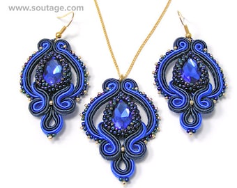 Conjunto de soutache de olho de safira, pingente de soutache, brincos de safira, joias de soutache, miçangas, cristal, jerwerly