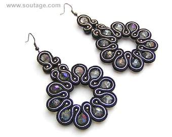 Smoky Iris Soutache earrings Black earrings Victorian earrings Crystals earrings Long earrings Soutache jewelry Sparkling earrings For her