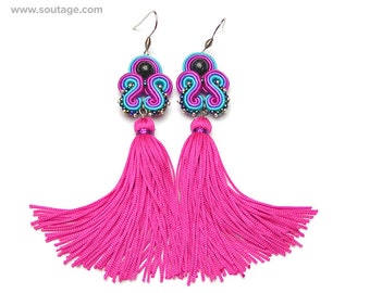 Fuchsia Blue Dragonet Soutache earrings Tassel earrings Long boho earrings Statement earrings Hippie jewelry Gift for woman Soutache jewelry