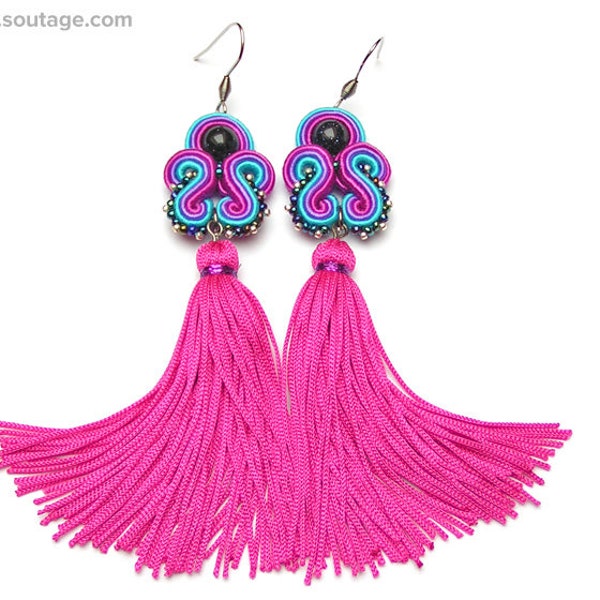 Fuchsia Blue Dragonet Soutache orecchini Tassel orecchini Long boho orecchini dichiarazione orecchini Hippie gioielli regalo per donna Soutache gioielli