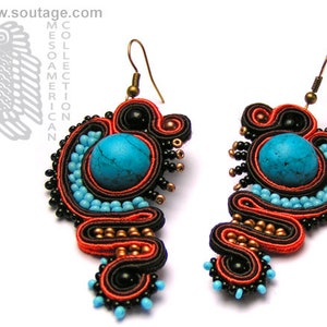 Treasure of Montezuma Soutache earrings Turquoise earrings Boho Orange earrings Ethno earrings Azteca style Gift for woman Soutache jewelry