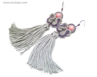 Light Gray Dragonet Tassel earrings Soutache long earrings Boho earrigs Statement jewelry Gift for woman Soutache jewelry