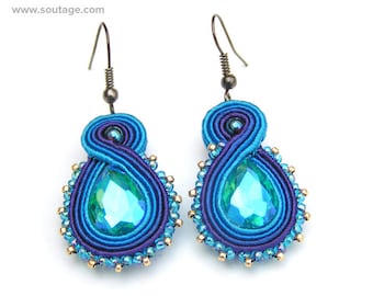 Blue Trifle soutache earrings Small earrings Blue earrings Crystal earrings Gift for woman Wedding earrings Soutache jewelry
