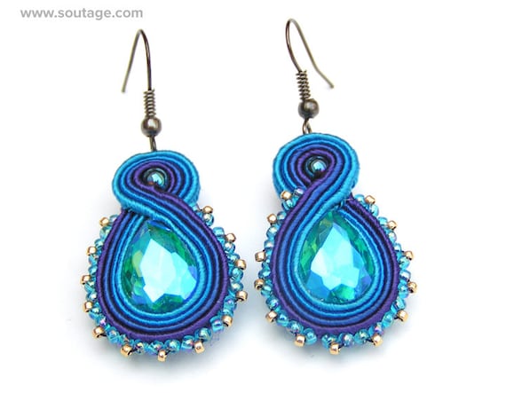 Dangle Soutache Earrings Soutache Earrings Small Blue Earrings Small Dangle Earrings Blue Earrings Green Blue Soutache Earrings OOAK