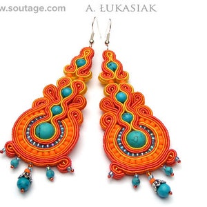 Mandarin Soutache earrings Orange-Turquoise earrings Long earrings Statement earrings Big Oriental earrings Soutache jewelry For her