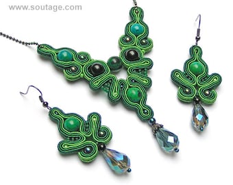 Green Frog Soutache set Green set Victorian set Soutache earrings Soutache necklace Victorian jewelry Green jewelry Soutache jewelry