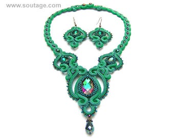 Emerald Lady Soutache set Soutache necklace Soutache earrings Emerald jewelry Green jewelry Soutache jewelry Victorian jewelry Wedding