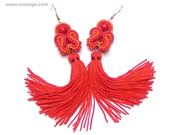 Chinese Red Dragonet Soutache earrings Long earrings Statement jewelry Light earrings Boho earrings  Gift for woman Soutache jewelry