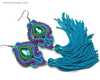 Blue Purple Dragon Eyes Soutache earrings Soutache jewelry Tassel earrings Long Statement earrings Wedding or Evening earrings Gift for her