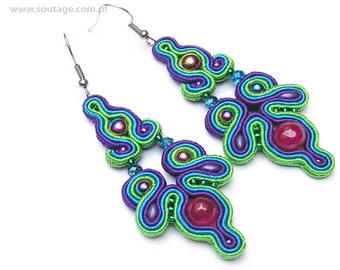 Green Coctail Soutache earrings Blue-green earrings Boho earrings Statement jewelry Oriental earrings Gift for woman Soutache jewelry
