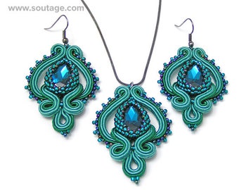 Kaa Eye Soutache set Pendientes Soutache Collar Soutache Joyería Soutache Pendientes verde azul Joyería cristalina Pendientes de color verde azulado Regalo