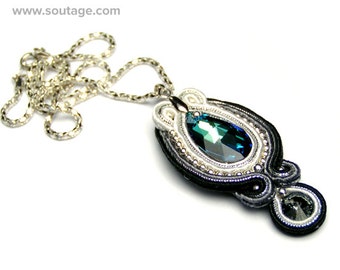 Glimmer Soutache Pendant Gray White Necklace Blue Swarovski Crystal Victorian Gift for Woman