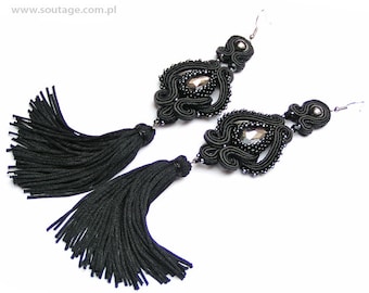 Dark Night Lady Very long earrings Soutache earrings Soutache jewelry Black earrings Statement Crystal earrings Tassel earrings Gift for her