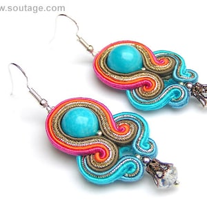 Blue Tricolor Soutache earrings Colorful earrings Boho earrings Multicolor earrings Gift for woman Soutache jewelry Blue Orange earrings