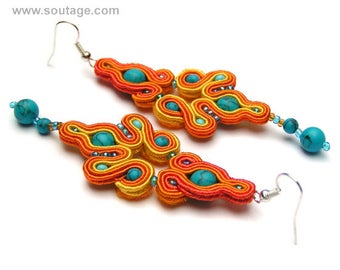 Cointreau Soutache earrings Turquoise earrings Orange earrings Boho earrings Oriental earrings Gift for woman Soutache jewelry