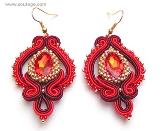 Sauron Eye Soutache Earrings Red  Weddinng Evening Jewelry Statement Victorian Gift for Women
