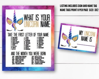 what is your unicorn name unicorn birthday party game unicorn magical name and name tag unicorn name tags unicorn party diy printable