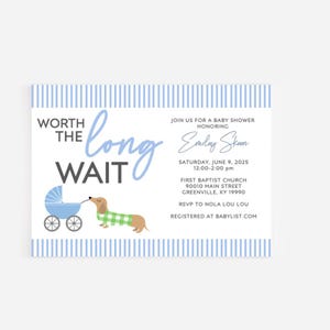Worth the Wait Baby Shower Invitation, Boy Baby Shower, Dog Theme Baby Shower Invitation, Dachshund Invitation, Adoption Shower, Weiner Dog
