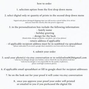May include: White text on a cream background provides instructions on how to order a product. The text includes steps for selecting options, providing personalization details, submitting an order, and sending photos. The instructions also mention proofs and final files.