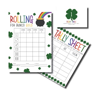 May include: Printable game cards for a "Rolling for Bunco Gold" game. The cards feature a green shamrock design and a pot of gold. The game includes a tally sheet with the text "Blame the score keeping on the Leprechaun".