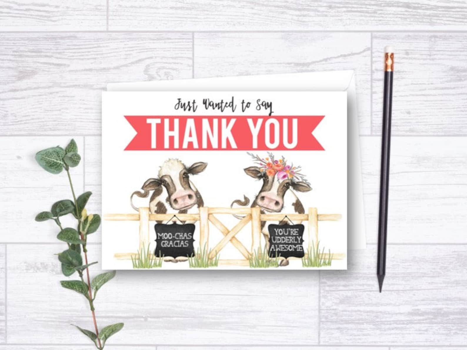 DOWNLOADABLE Cow Thank You Card Cow Birthday Thank You Farm Etsy