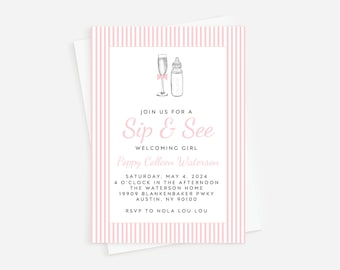 Sip and See Invitation, Meet and Greet Invitation. It's A Girl, Preppy Baby Invitation, New Baby Party, Baby Shower Invitation, Sprinkle