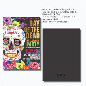 May include: Day of the Dead Halloween party invitation with a colorful sugar skull illustration. The invitation includes the date, time, and location of the party. RSVP to NOLA LOU LOU at (281) 289-2990.