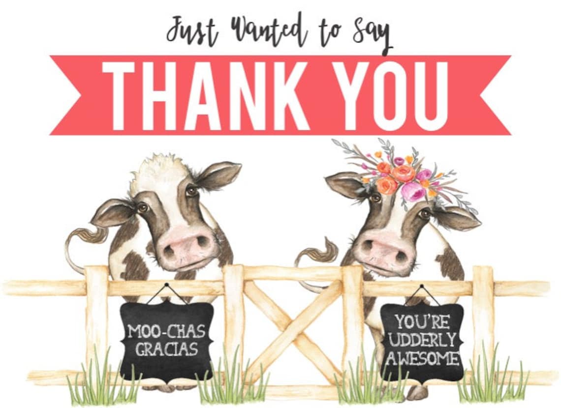 DOWNLOADABLE Cow Thank You Card Cow Birthday Thank You Farm Etsy