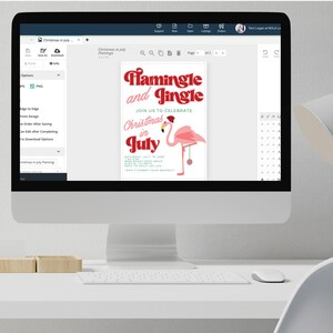 May include: A digital design for a Christmas in July party invitation featuring a pink flamingo with a Santa hat holding a Christmas ornament. The text reads "Flamingle and Jingle" and "Join us to celebrate Christmas in July".