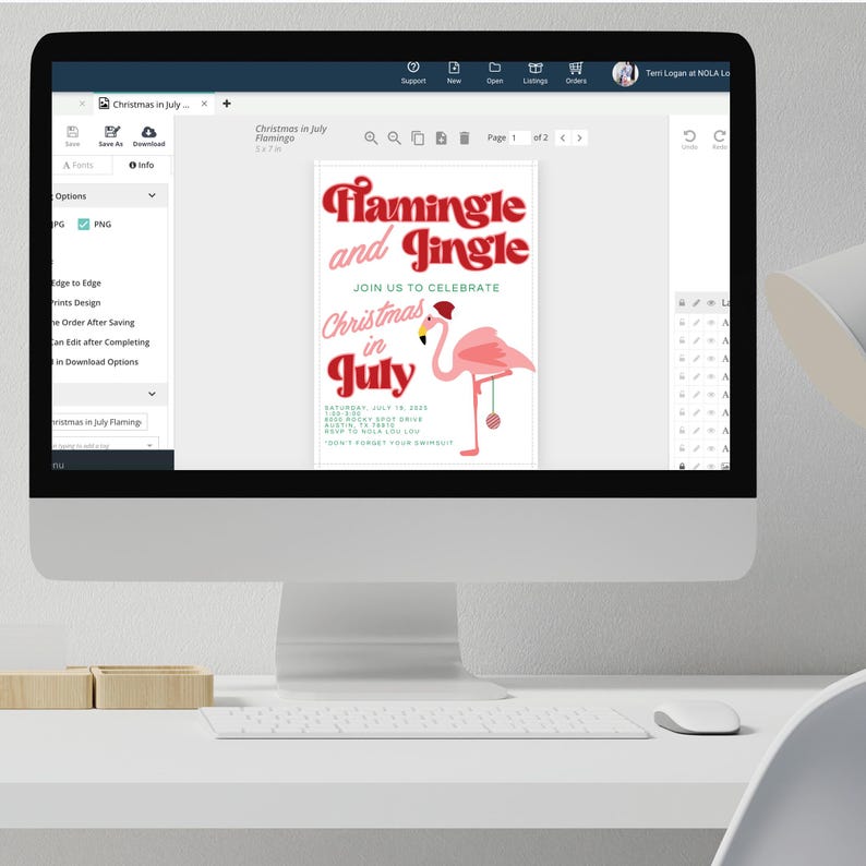 May include: A digital design for a Christmas in July party invitation featuring a pink flamingo with a Santa hat holding a Christmas ornament. The text reads "Flamingle and Jingle" and "Join us to celebrate Christmas in July".