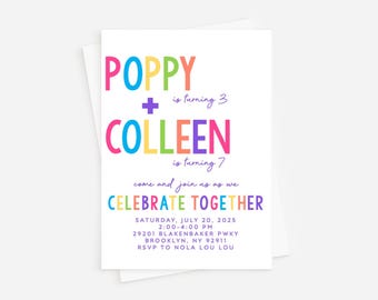 Rainbow Twin Birthday Invitation: Sister Joint Party (PDF File)