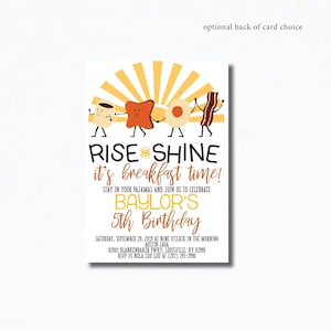 May include: A yellow, orange, and brown invitation card with a sunrise background and cartoon breakfast food characters. The text reads "Rise Shine it's breakfast time! Stay in your pajamas and join us to celebrate Baylor's 5th Birthday. Saturday, September 29, 2019 at nine o'clock in the morning. Austin Java 92001 Blankenbaker Pkwy, Louisville, KY 92990 RSVP to Nola Lou Lou at (281) 291-2990"
