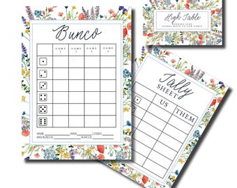 Floral Bunco, Spring Time Bunco, Printable Bunco, Bunco Score Sheet, Printable Bunco Cards, Score Card, Tally Sheet, Table Numbers