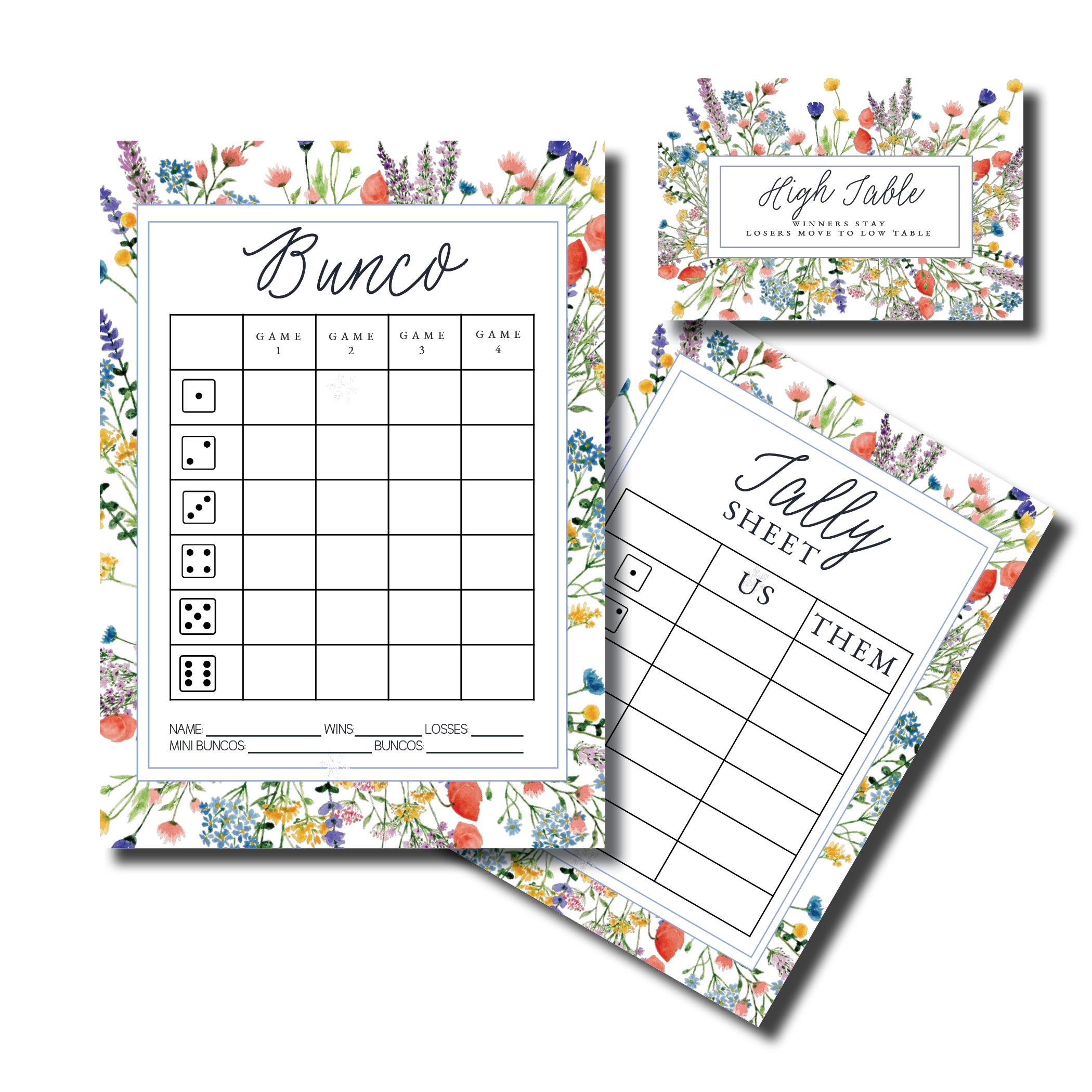 Floral Bunco, Spring Time Bunco, Printable Bunco, Bunco Score Sheet, Printable Bunco Cards, Score Card, Tally Sheet, Table Numbers