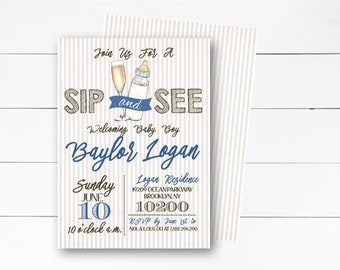 Sip and See Invitation, Sip and See Boy Invitation, Baby Shower Invitation, Seersucker Invitation, Sip n See Invitation, DIY or Printed