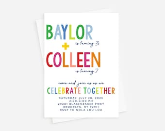 Rainbow Sibling Birthday Invitation: Double the Fun  (Digital or Professionally Printed)