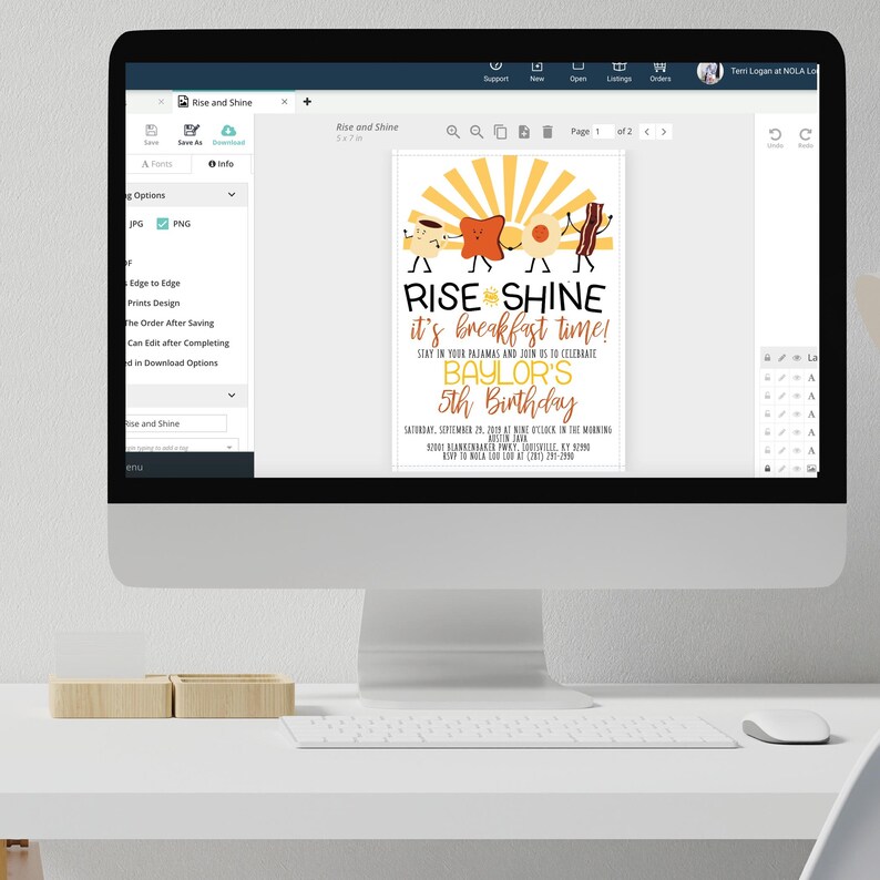 May include: A yellow and orange birthday invitation with a cartoon sun, eggs, bacon, and toast. The text reads "Rise and Shine, it's breakfast time!" and "Baylor's 5th Birthday".