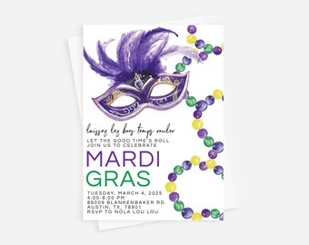 May include: Mardi Gras invitation featuring a purple and gold mask with feathers and a string of purple, green and gold beads. The text reads "laissez les bon temps rouler", "Let the good time's roll", "Join us to celebrate", "Mardi Gras", "Tuesday, March 4, 2025", "4:00-8:00 PM", "89009 Blankenbaker Rd.", "Austin, TX, 78901", "RSVP to Nola Lou Lou".