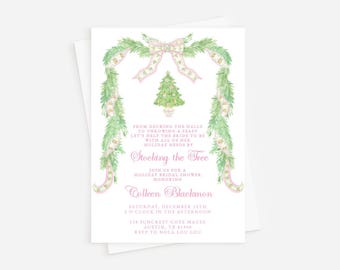 May include: A pink and green watercolor illustration of a Christmas tree with a bow and garland. The text reads "From decking the halls to throwing a feast, let's help the bride to be with all of her holiday needs by Stocking the Tree. Join us for a holiday bridal shower honoring Colleen Blackmon. Saturday, December 10th, 2 o'clock in the afternoon, 118 Suncrest Cove Magee, Austin, TX 81990, RSVP to Nola Lou Lou."