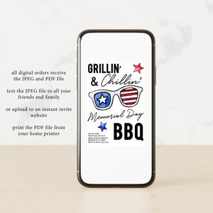 May include: A digital invitation for a Memorial Day BBQ. The invitation features a watercolor illustration of sunglasses with red, white, and blue stripes and stars. The text reads "Grillin' & Chillin' Memorial Day BBQ".