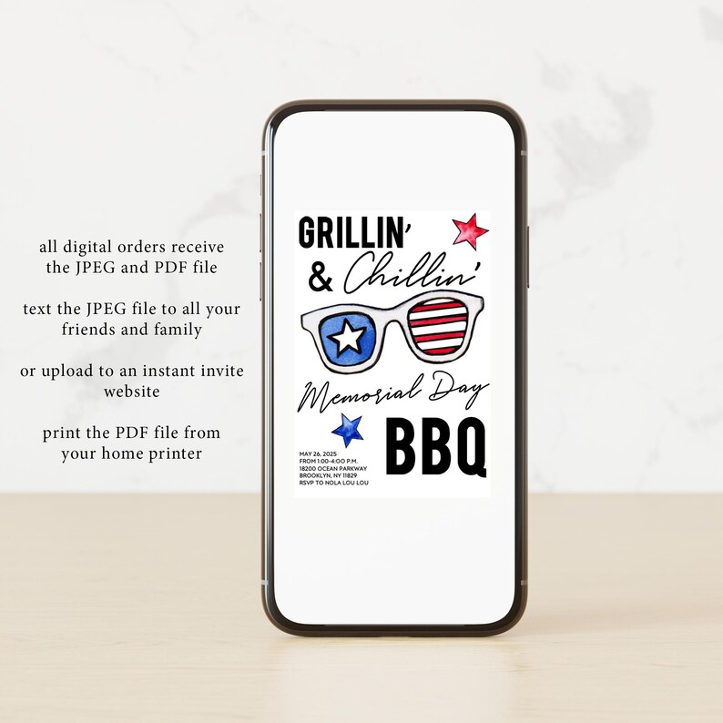 May include: A digital invitation for a Memorial Day BBQ. The invitation features a watercolor illustration of sunglasses with red, white, and blue stripes and stars. The text reads "Grillin' & Chillin' Memorial Day BBQ".