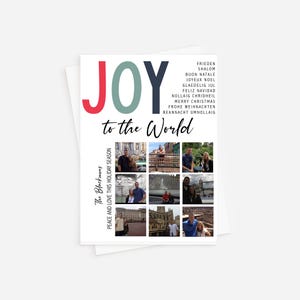 Tarjeta fotográfica navideña Joy to the World de Corjl, tarjeta navideña con foto familiar, tarjeta fotográfica navideña con tema de viaje, tarjeta fotográfica de vacaciones navideñas