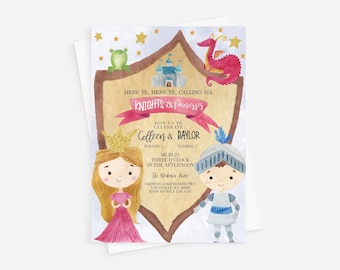 Convite de aniversário de cavaleiro e princesa: gêmeos de conto de fadas (download instantâneo)