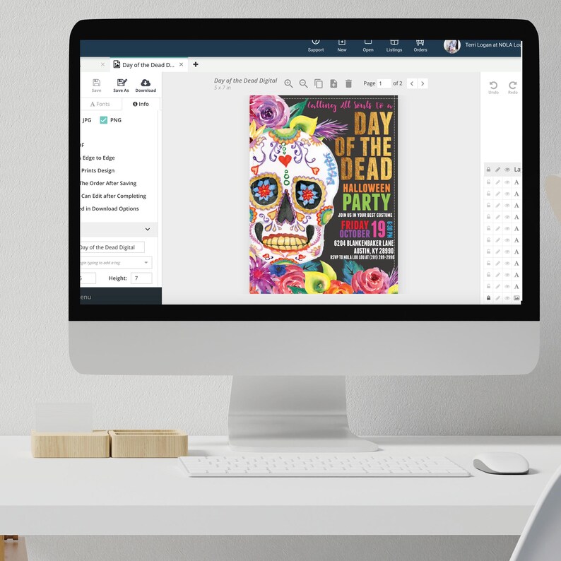 May include: A digital invitation for a Day of the Dead Halloween party with a colorful sugar skull illustration and floral accents. The invitation includes the date, time, and location of the party.